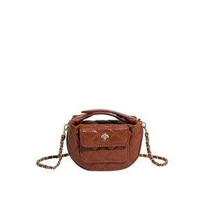 Quilted brown mini crossbody bag with gold flower buckle and chain strap