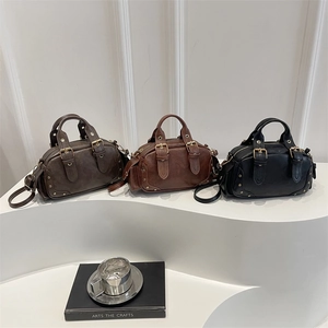 Vintage Motorcycle Bowling Bag For Women PU Leather Rivet Decor Small Shoulder Bag Crossbody Handbag With Double Handle