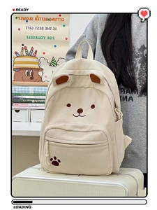Detail of off-white corduroy backpack featuring 3D bear ears and cute face embroidery