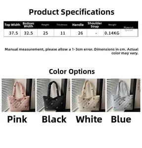 Especificaciones de tamaño para el bolso tote acolchado con bordado y material ligero detallado