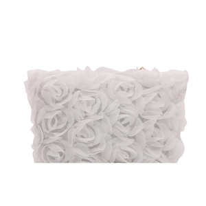 White bridal evening clutch bag featuring 3D lace rose floral textures on a clean background