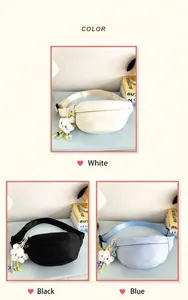 Three stylish crossbody waist bags in white, black, and blue with cloud charms