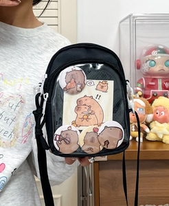 Detail of black ita bag with transparent PVC window displaying capybara badges and cards