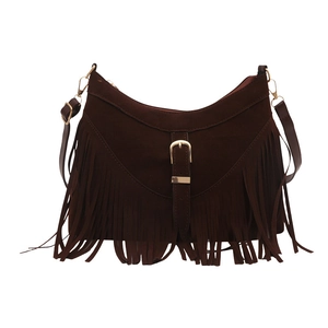 Borsa a tracolla in pelle scamosciata marrone con frange lunghe e fibbia dorata