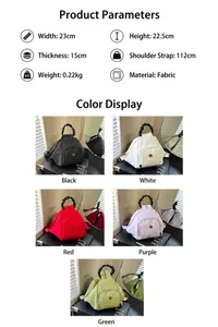 Comparación detallada de bolsos triangulares de tela en negro, blanco, rojo, púrpura y verde