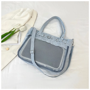 Détail du sac bandoulière bleu clair avec filet respirant gris et rivets métalliques