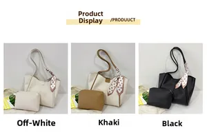 Detailed set of tote bag, inner pouch, and polka dot scarf in three chic colors