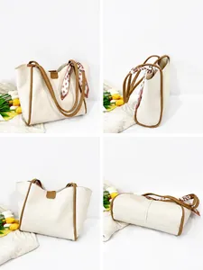 Four-angle view of a cream tote bag with brown trim and a decorative polka dot scarf