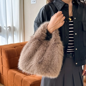 Sac à main en fausse fourrure marron, sac pelucheux doux pour femmes, mode automne-hiver