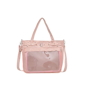 Sac transparent rose tendance avec serrure en cœur et rivets sur fond blanc