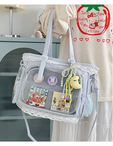 Detail der hellblauen japanischen Ita-Tasche mit weißer Spitze und transparentem PVC-Fenster