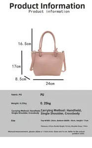 Detailweergave van roze minimalistische emmer tas met afmetingen 24x17x8,5cm en PU materiaal