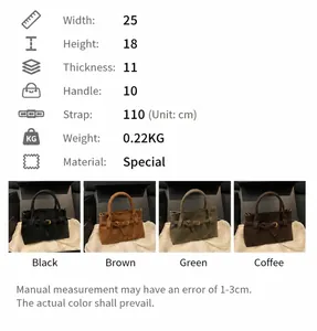 Detailed size chart showing dimensions for the faux suede tote bag and strap length