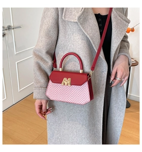 Gros plan du sac tissé rouge et rose avec une boucle en métal doré en M et bandoulière
