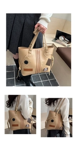 Vertical view of a beige patchwork tote bag shown in handheld and shoulder carry modes