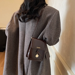 Glossy dark brown leather crossbody phone bag for women with golden fashion lettering