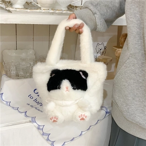 Cute white plush cat handbag for women with 3D kitty doll and soft faux fur material