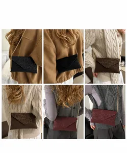 Detailed views of leopard print envelope crossbody bags in black, brown, and wine red