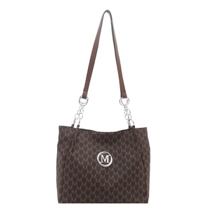 Classic brown monogram tote bag with all-over M-print and silver metallic logo
