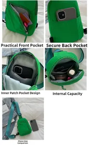 Vue détaillée du sac bandoulière en nylon vert vif avec rangement multi-poches et sangle