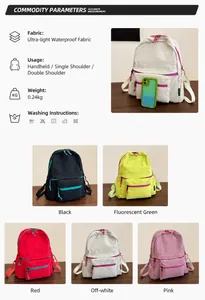 Detailed size chart for lightweight waterproof backpack showing dimensions and five color options