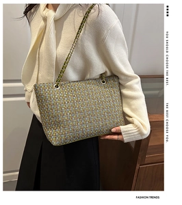 Gedetailleerd beeld van kleurrijke tweed schoudertas met gouden ketting op model