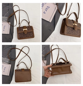 Detailed views of vintage brown crossbody bag with letter print and metal buckle strap