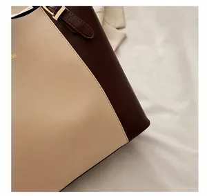 Detail of color-block tote bag showing beige and brown leather texture with gold buckle