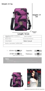 Detailed size specifications for the purple camouflage nylon crossbody phone bag