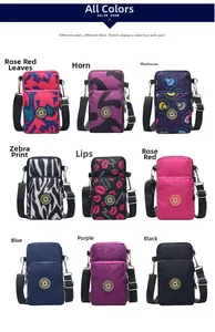 Nine colorful nylon mini crossbody phone bags with sport badges and dual zippers