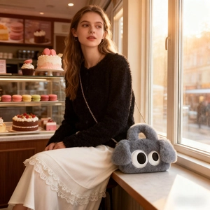 Détail du sac en peluche gris avec de grands yeux, fourrure douce et chaîne dorée