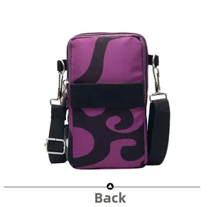 Back view of a purple crossbody phone bag with elastic band and metallic rings