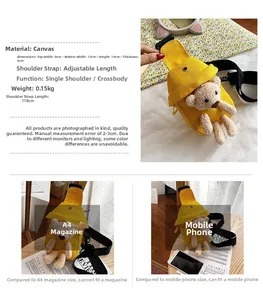 Detalles del bolso de pecho de lona amarilla con oso, dimensiones y correa ajustable