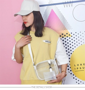 Vista lateral detallada del mini bolso bandolera de PVC transparente con ribete blanco