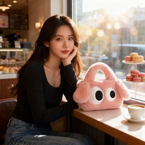Sac à main en peluche rose avec yeux de dessin animé dans un cadre de café lumineux