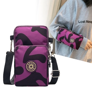 Purple camo nylon sports phone bag with dual zippers shown as a crossbody and arm pouch