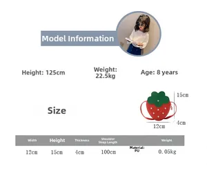 Detailed size chart for kids strawberry crossbody bag with model info and dimensions