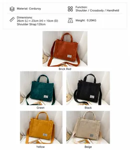 Dettaglio della borsa in velluto a coste con dimensioni e cinque colori disponibili
