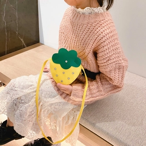 Cute strawberry shaped kids crossbody bag in yellow leather with sparkly rhinestone seeds