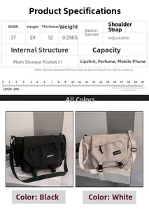 Detailed size chart for the large canvas messenger bag measuring 37x24x12cm