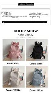 Tableau des tailles et vue des quatre couleurs du sac à dos en toile avec oreilles de lapin