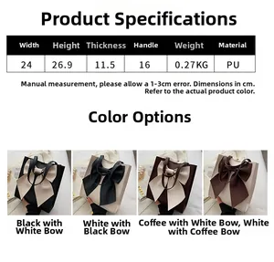 Size guide for PU tote bag with bow detail showing dimensions and material specifications