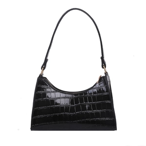 Retro black faux crocodile leather crescent underarm bag with elegant gold hardware