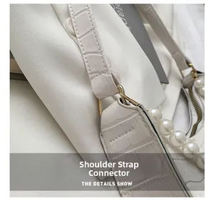 Detailed macro view of crocodile pattern texture and white pearl strap on elegant handbag