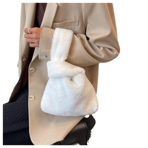 Minimalist white plush faux fur knot handbag for women with fluffy texture and soft handle