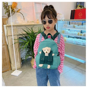 Detailansicht eines grünen Kinderrucksacks mit 3D-Plüschbären an einem kleinen Model