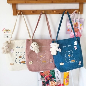 Sac à Épaule en Nylon Ours Mignon pour Femmes Grand Sac Fourre-tout Étudiant Avec Pendentif en Peluche Sac Bandoulière Décontracté