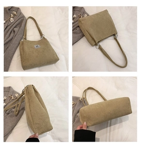 Detailed four-way view of a khaki corduroy tote bag showing texture and dimensions