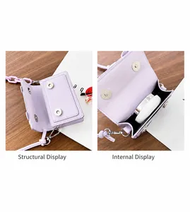Detail view of small purple crossbody bag with magnetic buckles and plastic chain