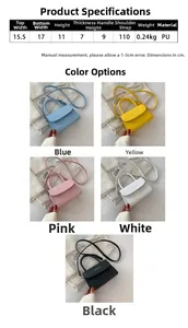 Detailed size chart and multi-color collection of mini PU leather crossbody square bags
